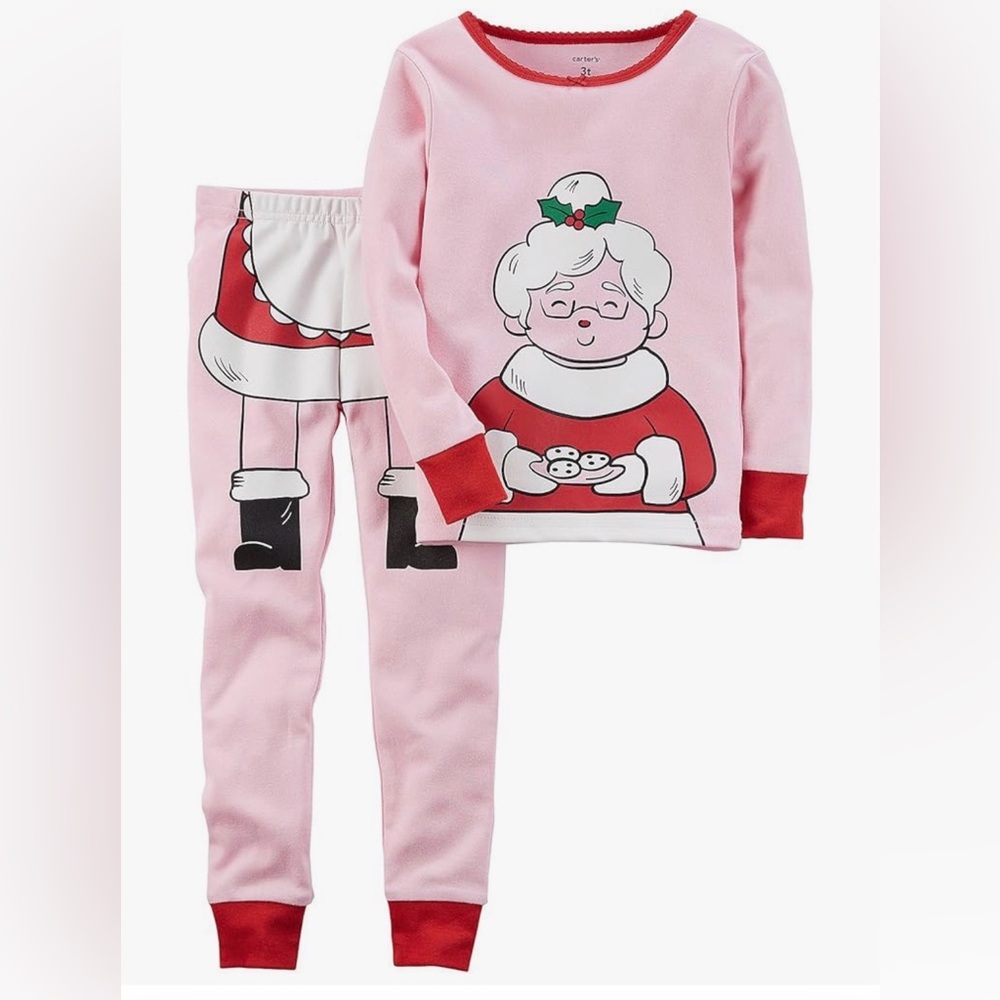 Carter's Girl’s 3T Pink Mrs. Claus w. Cookies Kids 2-Piece ChristmasPajama Set.